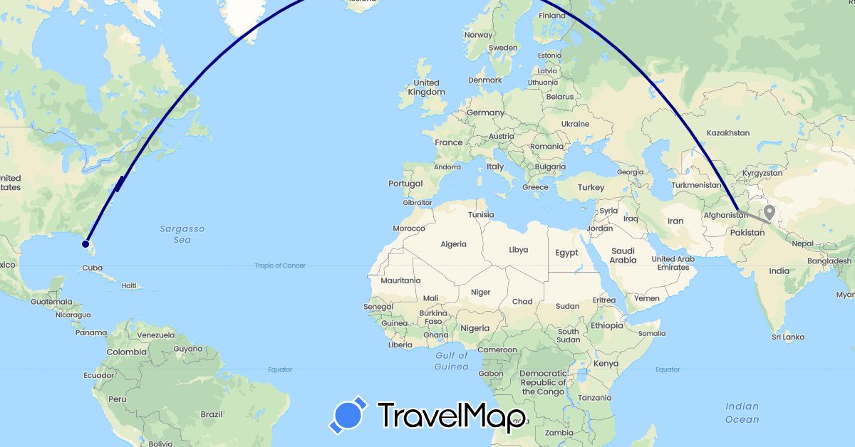TravelMap itinerary: driving, plane in Afghanistan, India, United States (Asia, North America)
